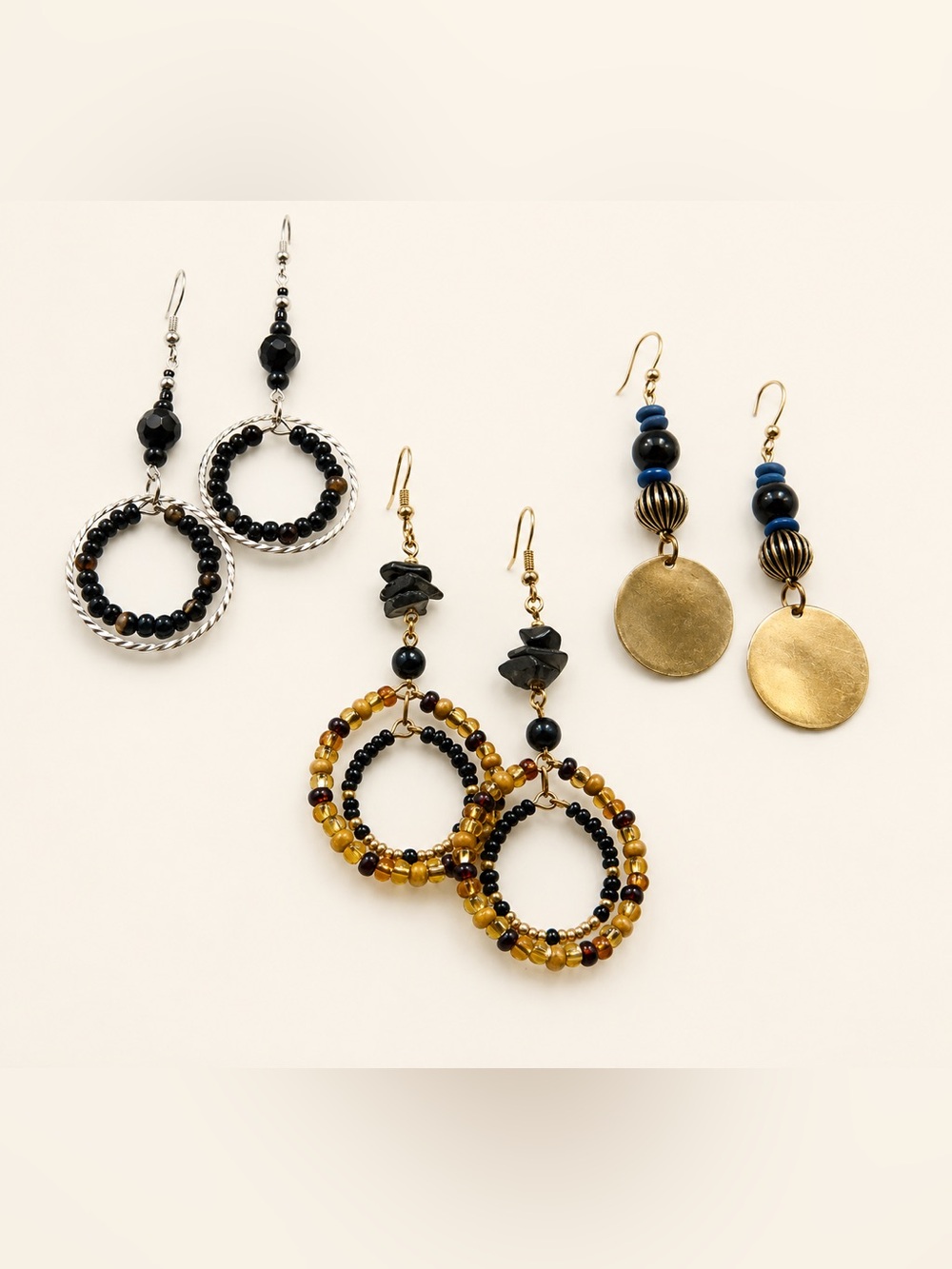 Set of Handmade BOHO style Glass Beaded Hoops and Disc drop Earrings 2.5in - Picture 8 of 8